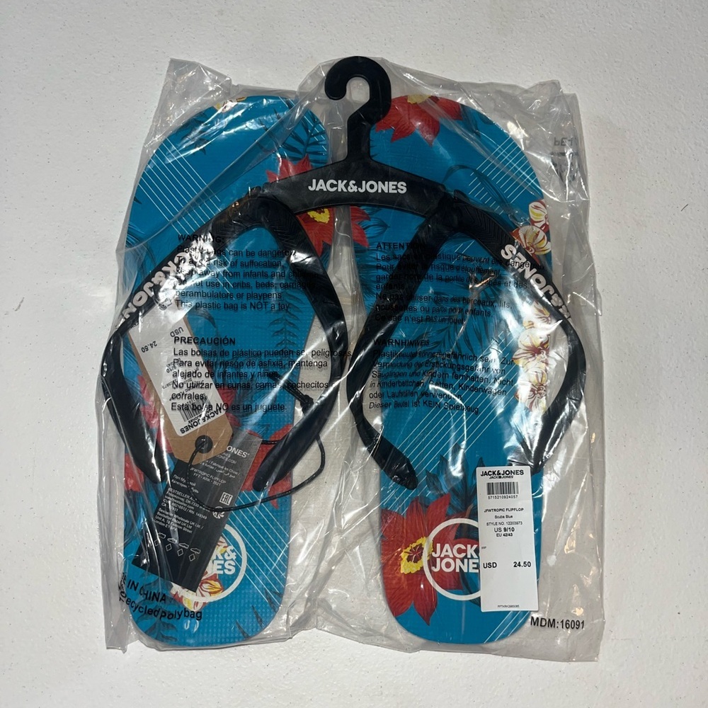 JACK & JONES‎ Blue Tropical Print Slip On Flip Flop Sandal Men's Size 9/10 New
